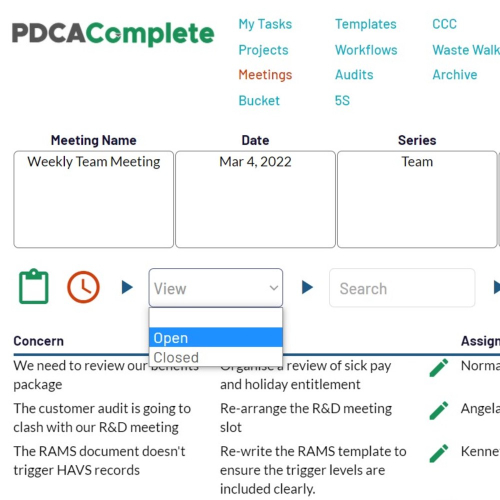 View open meeting tasks