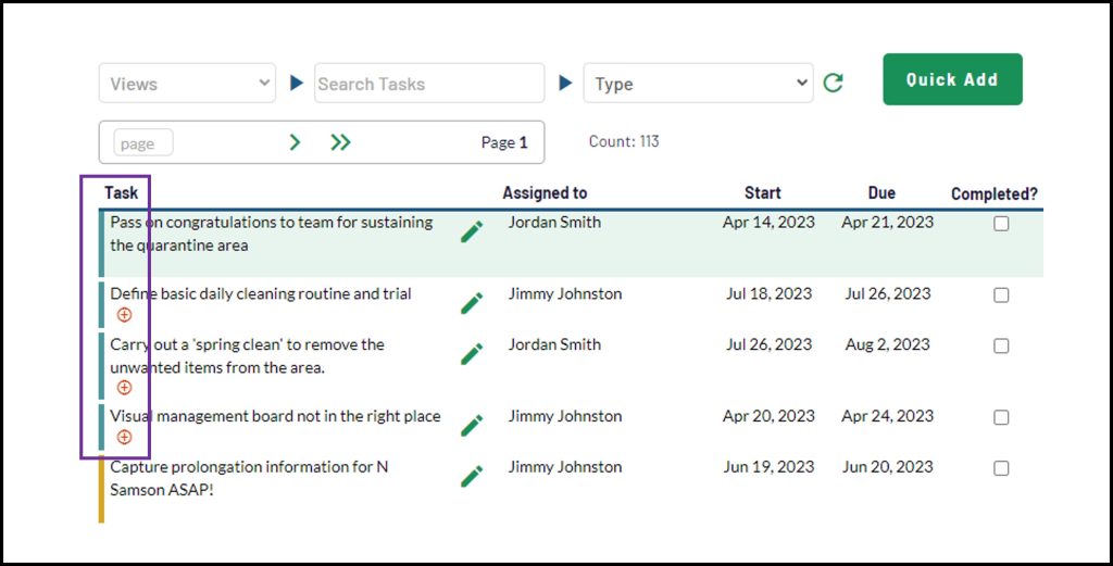 5s digital audting - colour coding in the My Tasks module